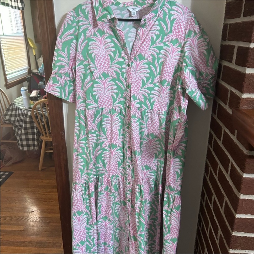 Crown & Ivy pink  and Green Pineapple Print tiered midi dress size xxl